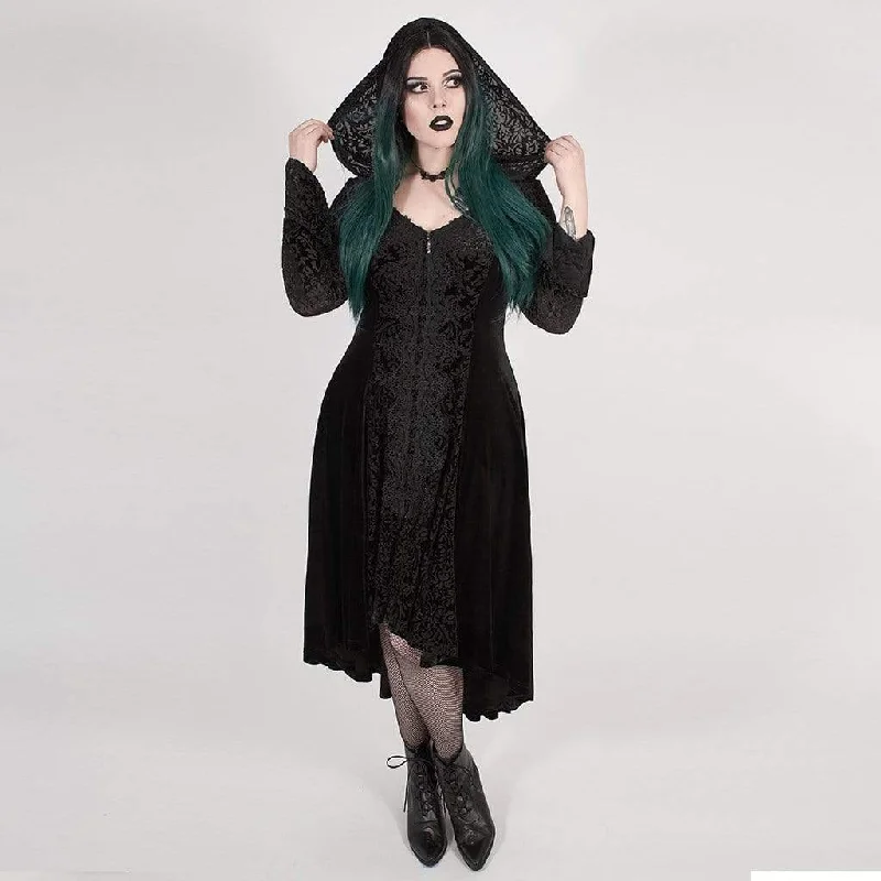 Women's Victorian Gothic Black Velvet and Lace Hooded Long Coat Shawl Collar Notch Collar Lapel Collar Women's Victorian Gothic Black Velvet and Lace Hooded Long Coat Shawl Collar Notch Collar Lapel Collar
