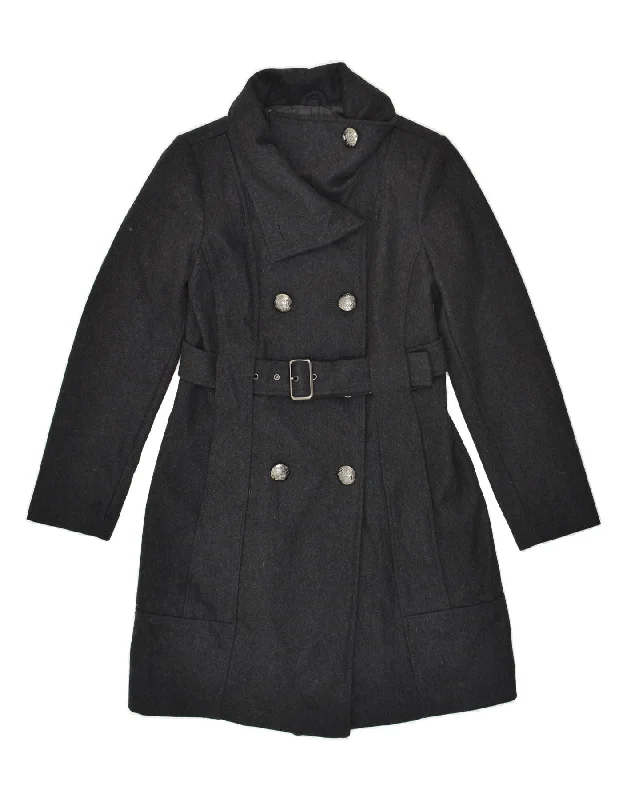 GUESS Womens Double Breasted Coat UK 10 Small Grey Wool Welt Pockets Slit Pockets Flap Pockets GUESS Womens Double Breasted Coat UK 10 Small Grey Wool Welt Pockets Slit Pockets Flap Pockets