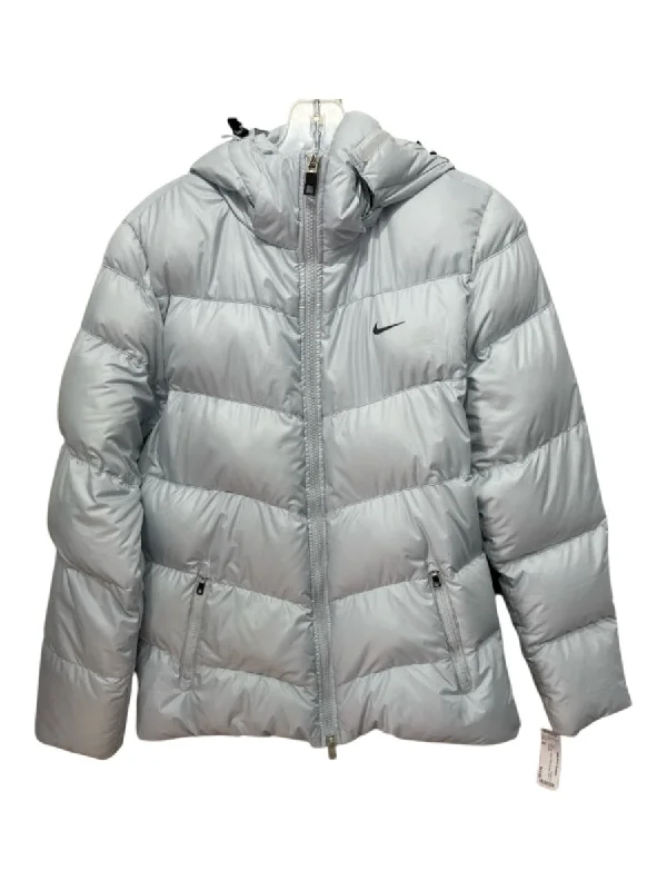 Nike Size M Light Blue Nylon Puffer Quilted Hood Coat Fitted Loose Oversized