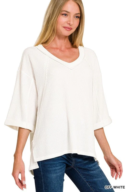 Highs And Lows Off White Corded Rib Knit Top (Size Small) Business Knit Top