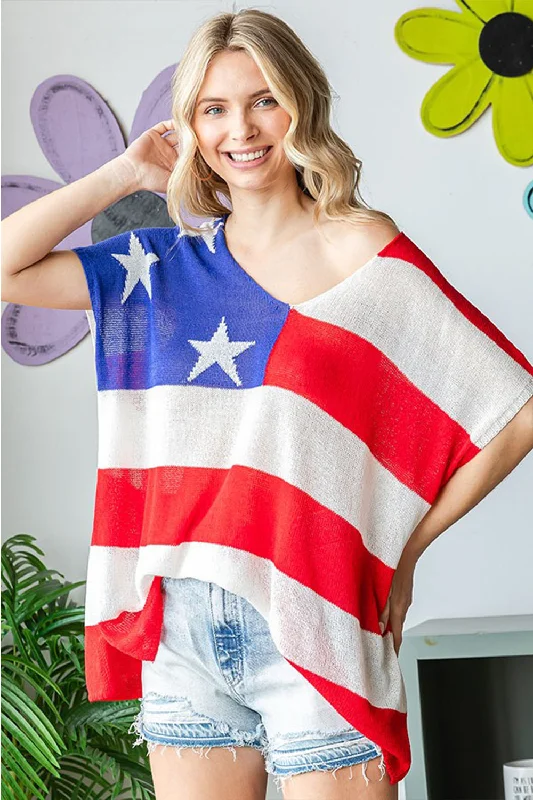 Cline Full Size USA Flag Drop Shoulder Knit Top Daily Wear Knit Tee