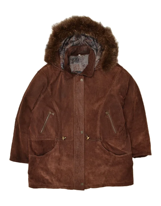 VINTAGE Womens Hooded Leather Coat IT 50 XL Brown Leather Tie-Waist Belted Drawstring VINTAGE Womens Hooded Leather Coat IT 50 XL Brown Leather Tie-Waist Belted Drawstring