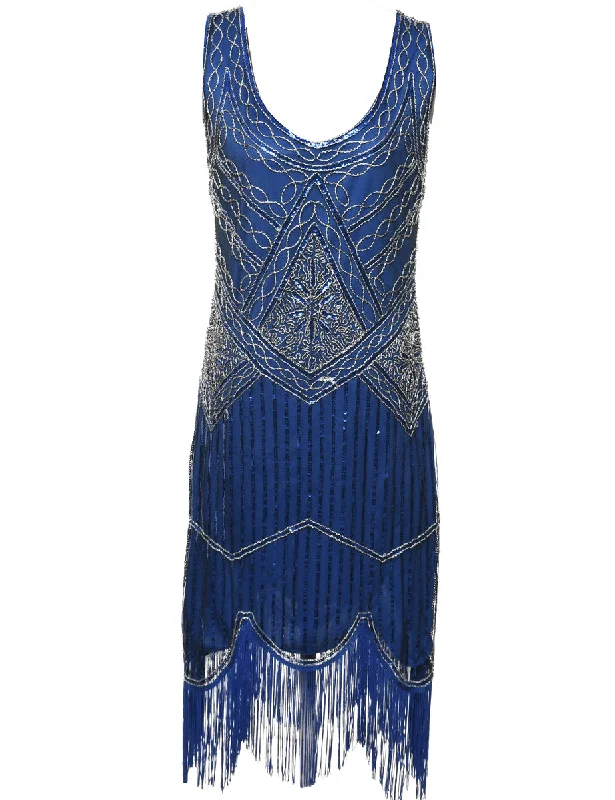 Beaded Navy & Silver Sparkly Evening Dress - L Tunics Prom sequined