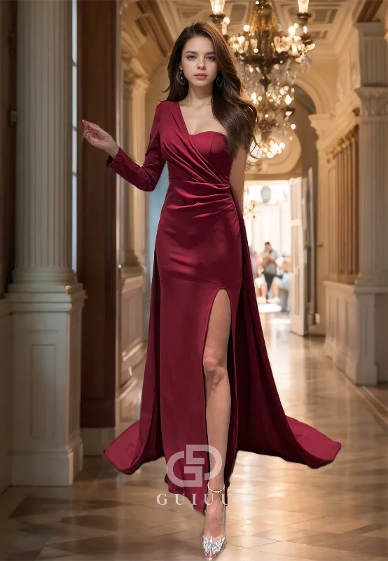 A-Line Ruched One Long Sleeve Prom Dress High Side Slit Evening Dress Tunics Top Casual A-Line Ruched One Long Sleeve Prom Dress High Side Slit Evening Dress Tunics Top Casual