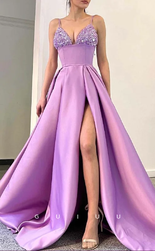 G3279 - A-Line Sequins Beaded Straps Lilac Empire Waist Long Party Prom Evening Dresses Crew Neckline Sporty G3279 - A-Line Sequins Beaded Straps Lilac Empire Waist Long Party Prom Evening Dresses Crew Neckline Sporty