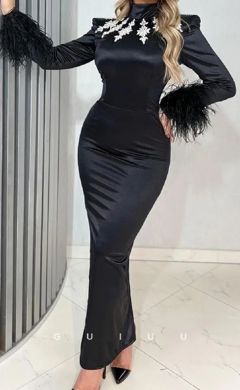 G3336 -  Chic & Modern High Neck Tight Long Dress with Long Sleeve Feather Beaded Party Prom Evening Dress Tunics Business professional