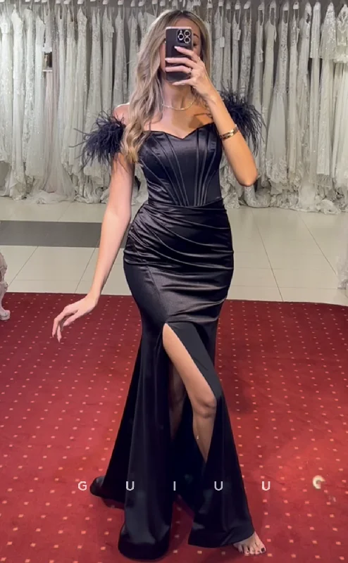 G4041 - Sheath Off Shoulder Feather Black Stain Pleated Long Prom Party Dress with Side Slit Tunics Short Trendy G4041 - Sheath Off Shoulder Feather Black Stain Pleated Long Prom Party Dress with Side Slit Tunics Short Trendy