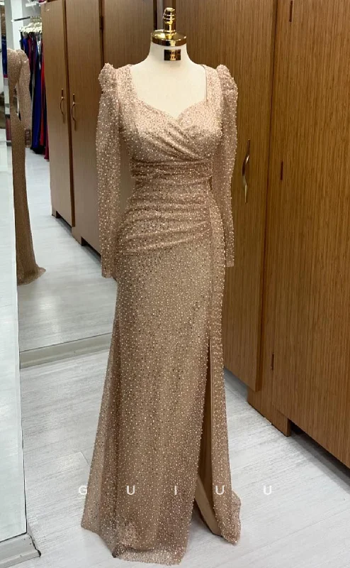 G4226 -  Mermaid Sweetheart Neck Long Sleeves Fully Beaded Ruched Pleated Sweep Legth Prom Party Dress Tunics Ceremony elegant