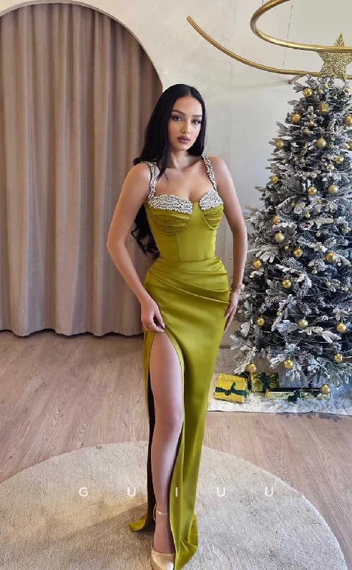 G4387 - Chic & Modern Column Rhinestone Straps Long Prom Party Dress with Slit Crew Neckline Casual G4387 - Chic & Modern Column Rhinestone Straps Long Prom Party Dress with Slit Crew Neckline Casual