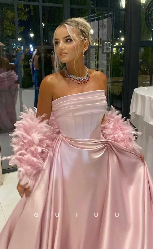 G4445 - Chic & Cute Pink Stain A-Ling Ruched Long Prom Party Dress with Feathers Sleeves Square Neckline Feminine G4445 - Chic & Cute Pink Stain A-Ling Ruched Long Prom Party Dress with Feathers Sleeves Square Neckline Feminine