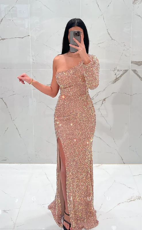 G4515 - Chic & Modern Column One Shoulder Sleeves Allover Beaded High Side Slit Long Prom Party Dress Boat Neckline Classic G4515 - Chic & Modern Column One Shoulder Sleeves Allover Beaded High Side Slit Long Prom Party Dress Boat Neckline Classic