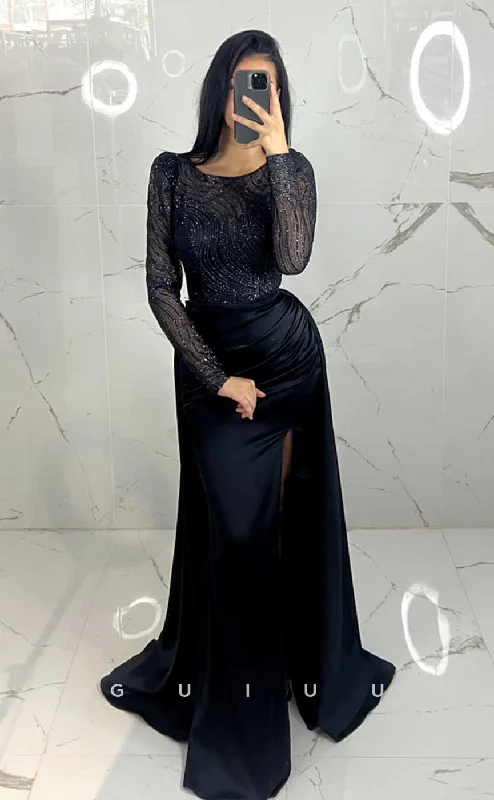G4517 - Elegant & Luxurious Column Round Long SLeeves Black Ruched High Side Slit Sweep-Length Prom Evening Dress Tunics Sophisticated sleek