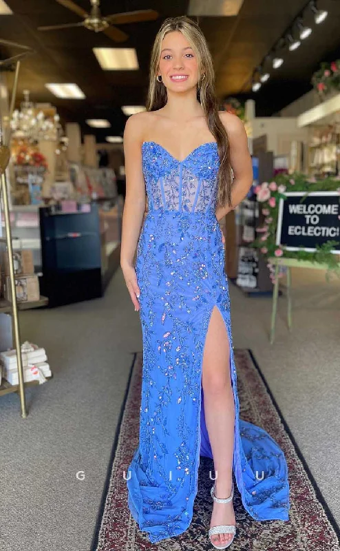 G4521 - Chic & Modern Strapless Sleeveless Appliques Lace-Up Mermaid Prom Party Dress with Slit Tunics Review highly