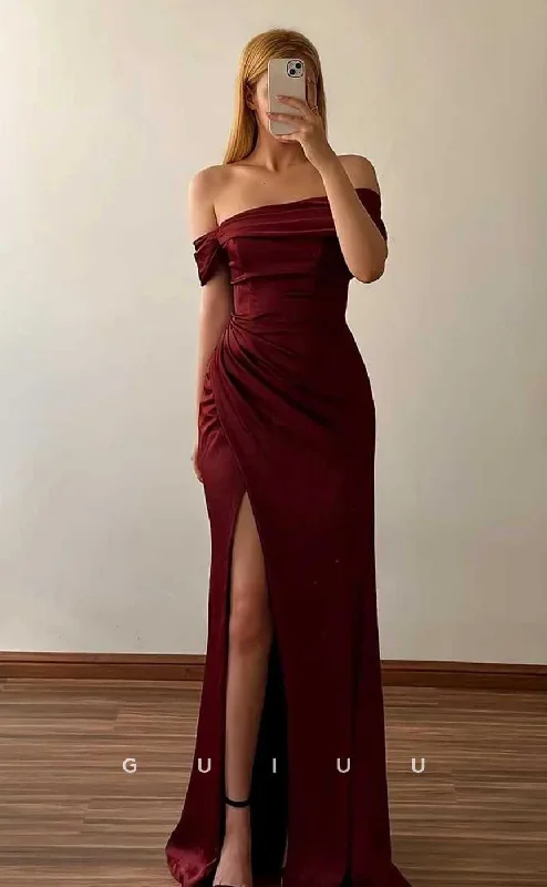 G4533 - Elegant Off-Shoulder Wine Red Pleats Prom Evening Dress with Slit Bodycon Fitted Nightout G4533 - Elegant Off-Shoulder Wine Red Pleats Prom Evening Dress with Slit Bodycon Fitted Nightout