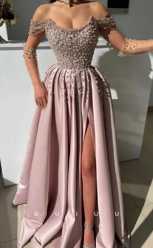 G4540 - Chic & Modern A-Line Off-Shoulder Pearls and Crystals Stain Prom Party Dress High-Low Hemline Casual G4540 - Chic & Modern A-Line Off-Shoulder Pearls and Crystals Stain Prom Party Dress High-Low Hemline Casual