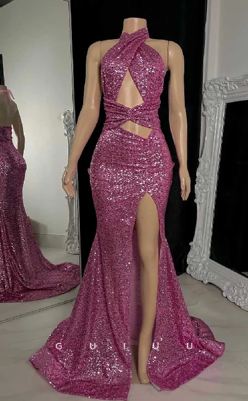 G4562 - Sheath Fully Sequined High Side Slit Backless Prom Party Dress with Train for Black Girl Slay Tunics Trendy modern