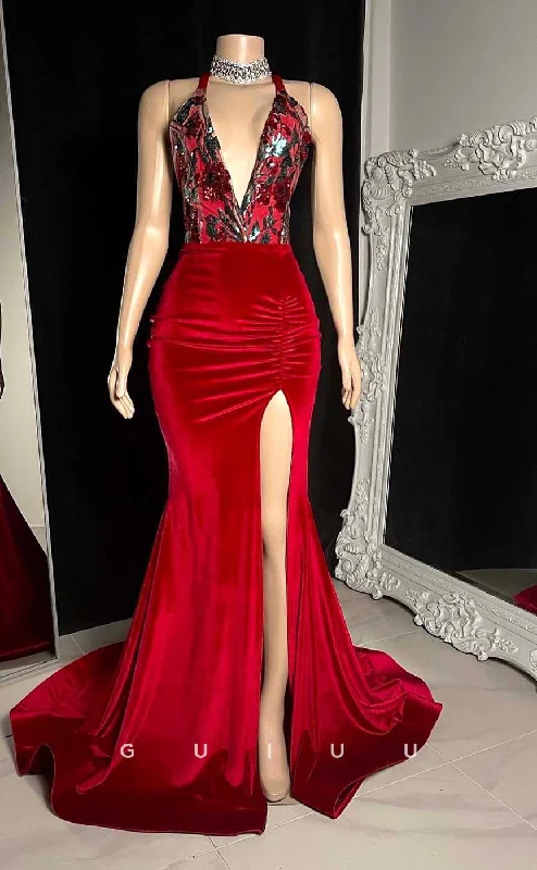 G4563 - Sheath Mermaid Deep V Neck Halter Sequined Red Velet Pleats Prom Party Dress with Slit and Train Tunics Timeless classic