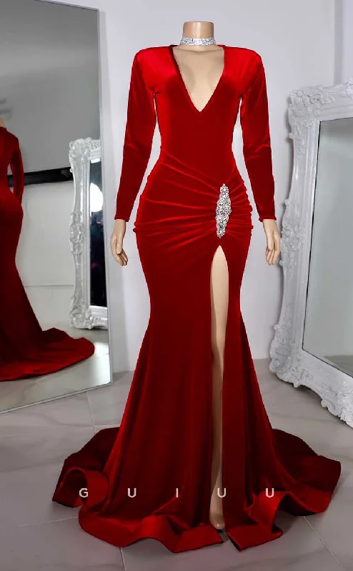 G4571 - Sexy & Hot Mermaid V Neck Long Sleeves Red Velvet Pleats High Side Slit Prom Evening Dress with Train Tunics Seasonal trendy