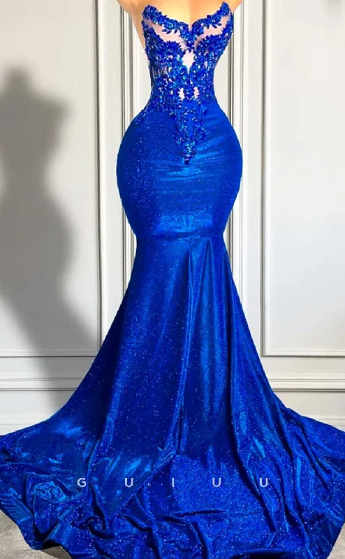 G4591 -  Mermaid Illsion Appliques Sleeveless Court Train Prom Evening Dress Tunics Handmade artisanal