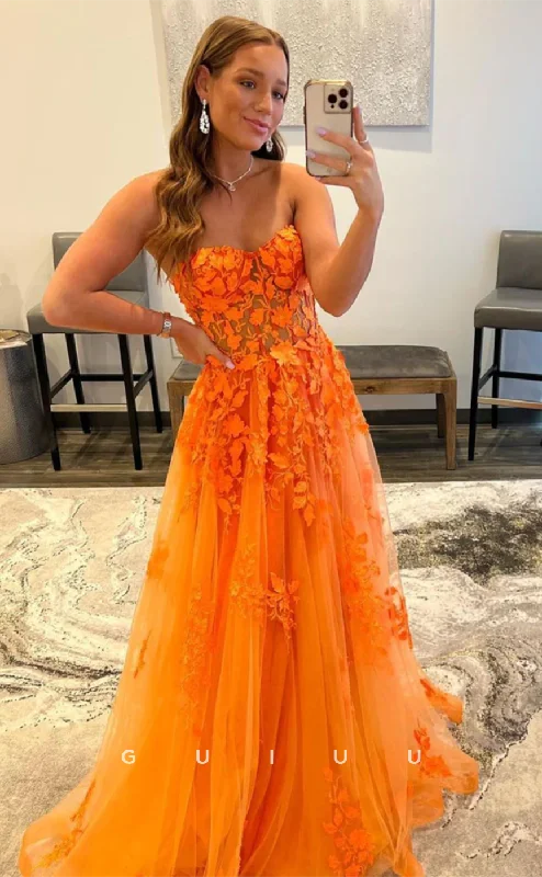 G4632 - Chic & Modern A-Line Strapless Sleeveless Aplliuques Tulle Long Prom Party Dress Tunics Essential wardrobe