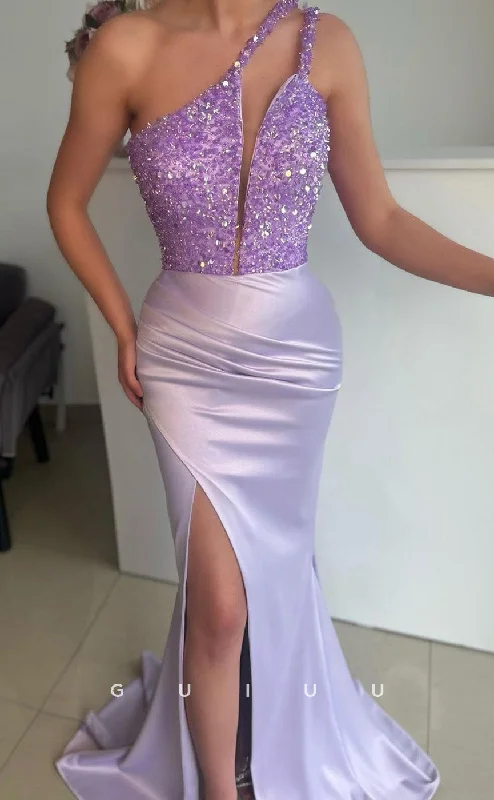G2494 - Elegant One Shoulder Sequins Satin Long Formal Evening Dress Turtleneck Neckline Stylish G2494 - Elegant One Shoulder Sequins Satin Long Formal Evening Dress Turtleneck Neckline Stylish