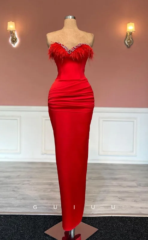 G2499 - Sexy Sheath Sweetheart Red Long Prom Evening Dress With Feather Pencil Length Work G2499 - Sexy Sheath Sweetheart Red Long Prom Evening Dress With Feather Pencil Length Work
