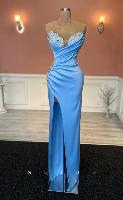 G2505 - Chic & Modern V-Neck Beaded Ruched Blue Long Prom Evening Dress Sequined Elegant Party G2505 - Chic & Modern V-Neck Beaded Ruched Blue Long Prom Evening Dress Sequined Elegant Party