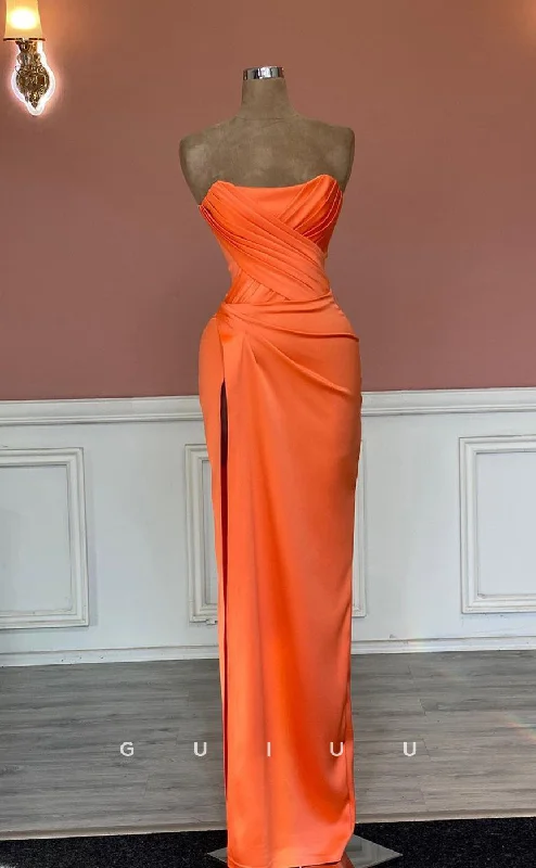 G2506 - Sexy Sheath Satin Ruched Orange Long Prom Evening Dress With Slit Tunics Practical easy-care G2506 - Sexy Sheath Satin Ruched Orange Long Prom Evening Dress With Slit Tunics Practical easy-care