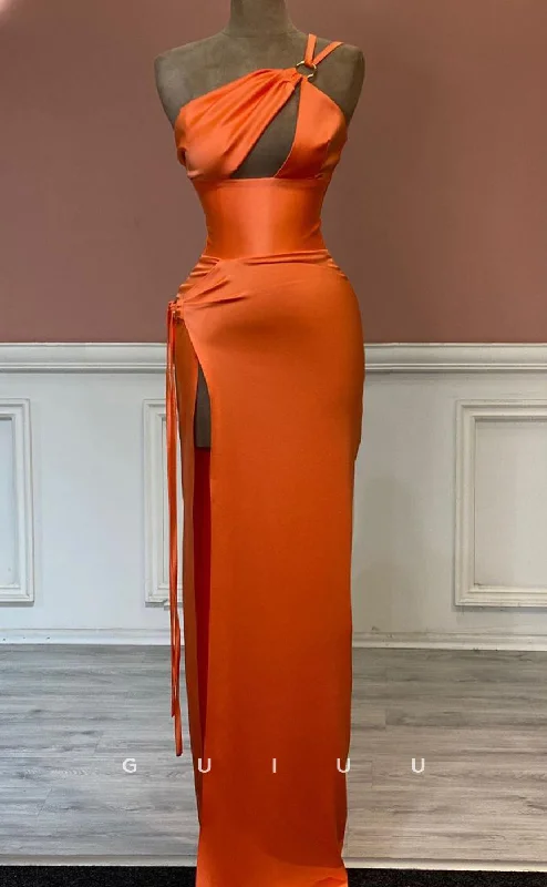 G2507 - Sexy Chic One Shoulder Satin Strappy Orange Long Prom Evening Dress Tunics Sophisticated sleek G2507 - Sexy Chic One Shoulder Satin Strappy Orange Long Prom Evening Dress Tunics Sophisticated sleek