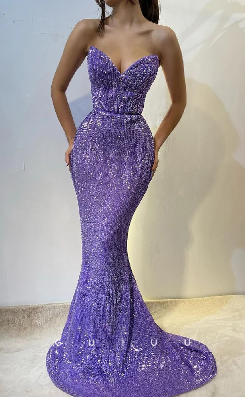 G2508 - Sexy Chic V-Neck Sequins Purple Long Mermaid Prom Evening Dress Tunics Chic elegant