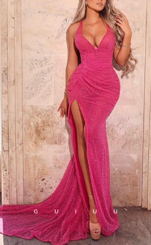 G2509 - Sexy & Hot Halter Beaded V-Neck Ruched Long Prom Evening Dress Tunics Versatile functional