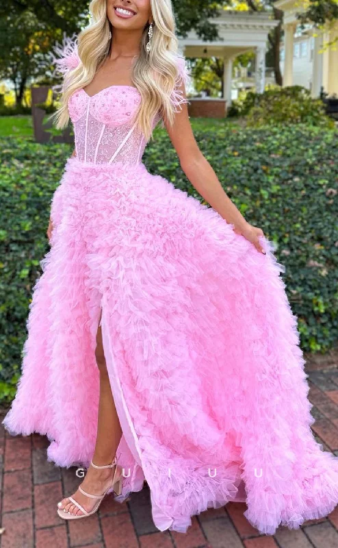 G2516 - Elegant & Luxurious Feather Straps Ball Gown Long Prom Evening Dress Tunics Favorite customer