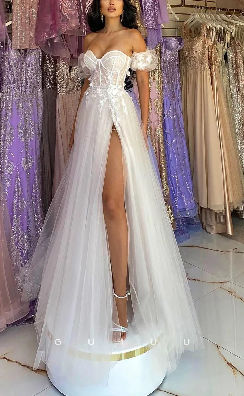 G2521 - Elegant & Luxurious Off-Shoulder Applique Tulle Long Prom Evening Dress Tunics Custom made