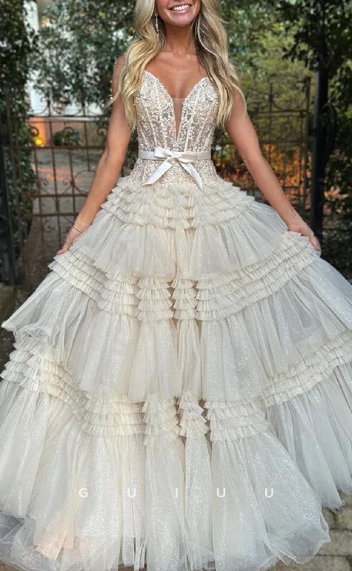 G2524 - Classic V-Neck Sheer Applique Tulle Ball Gown Long Prom Evening Dress Tunics Vintage classic