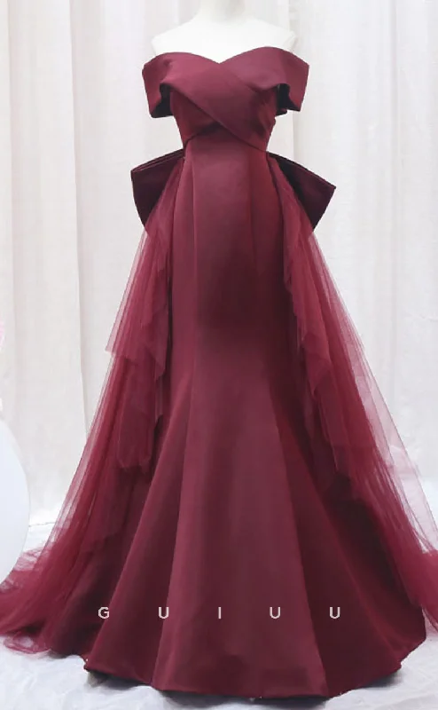 G3063 - A-Line Off Shoulder Lace Up Wine Red Tulle Long Prom Evening Dress with Train Tunics stripes playful G3063 - A-Line Off Shoulder Lace Up Wine Red Tulle Long Prom Evening Dress with Train Tunics stripes playful