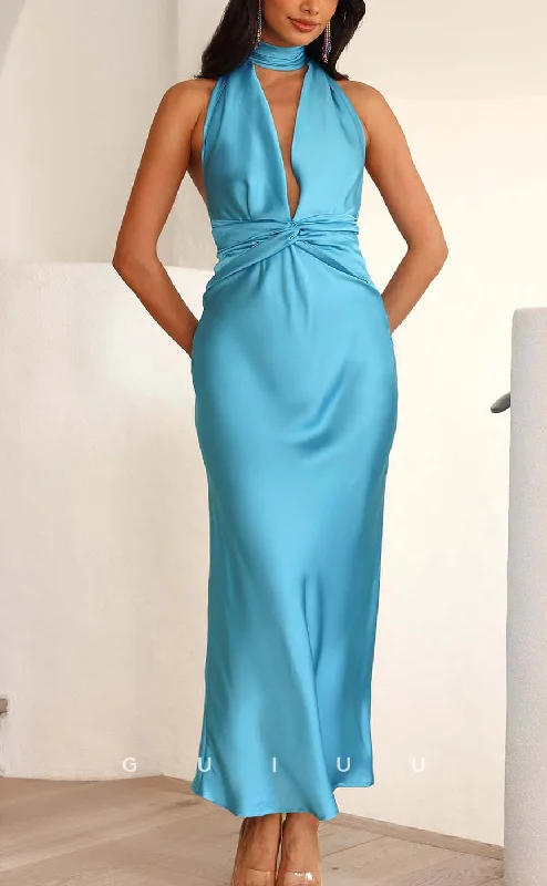 G3266 - Simple V-Neck Halter Pleats Blue Long Party Prom Evening Dresses Turtleneck Warm Winter G3266 - Simple V-Neck Halter Pleats Blue Long Party Prom Evening Dresses Turtleneck Warm Winter