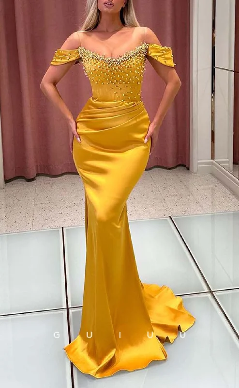 G3291 - Classic & Timeless Off-Shoulder Beaded Pleats Yellow Long Party Prom Evening Dresses Square Neckline Feminine G3291 - Classic & Timeless Off-Shoulder Beaded Pleats Yellow Long Party Prom Evening Dresses Square Neckline Feminine