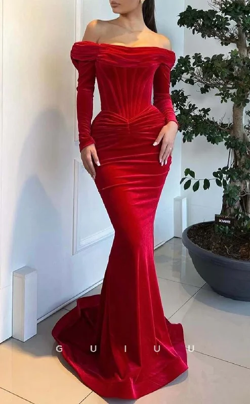 G3307 - Chic & Modern Velvet Off-Shoulder Red Long Party Prom Evening Dresses Tunics Custom made