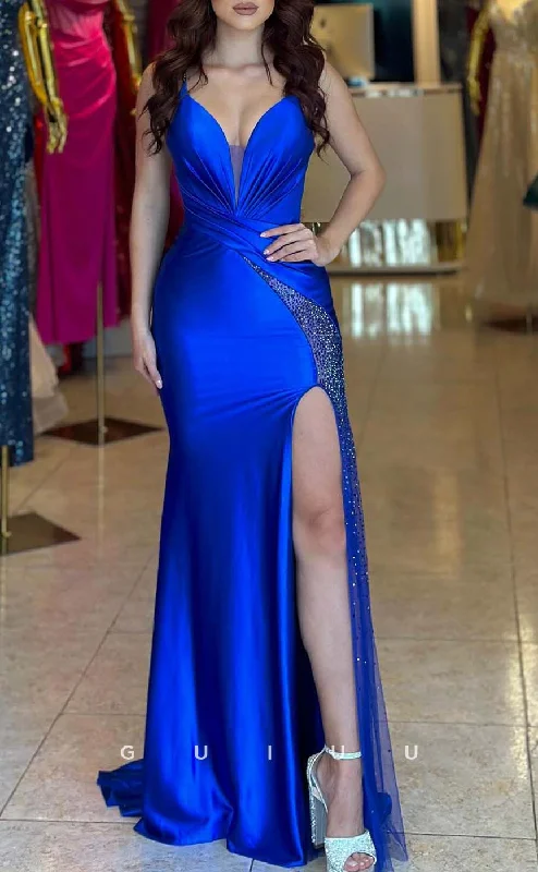 G3312 - Chic & Modern V-Neck Straps Royal Blue Long Party Prom Evening Dresses Pleated Skirt Elegant G3312 - Chic & Modern V-Neck Straps Royal Blue Long Party Prom Evening Dresses Pleated Skirt Elegant