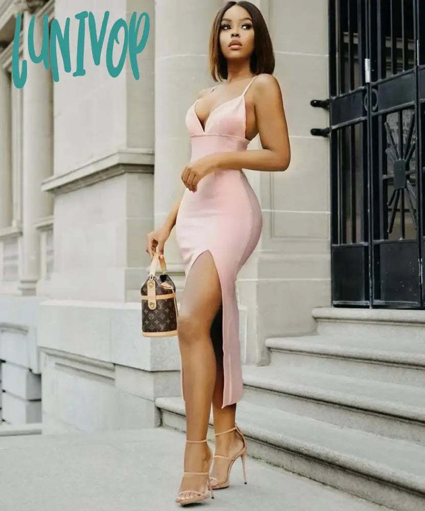 Lunivop 3 Colors Bodycon Bandage Dress Women Summer Sexy V Neck Split Midi White Black Designer Elegant Evening Party Dress Vestido Tunics Winter warm