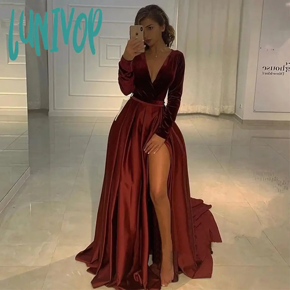 Lunivop Burgundy Long Sleeves Prom Dresses V Neck Evening Dresses 2024 Front Split Slim Girls Dancing Prom Party Gown Dress Tunics Gym athletic Lunivop Burgundy Long Sleeves Prom Dresses V Neck Evening Dresses 2024 Front Split Slim Girls Dancing Prom Party Gown Dress Tunics Gym athletic