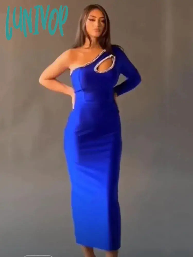 Lunivop New Bodycon Bandage Dress Sexy One Shoulder Diamonds Blue Maxi Long Women Celebrity Fashion Evening Party Dress Vestido Halter Neckline Beach