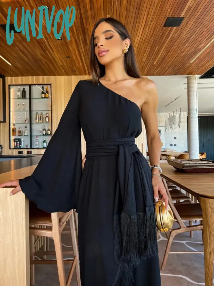 Lunivop New Solid Women's One Shoulder Sexy Lady Long Skirt Slit Ruffled Tassel Swing Pure Evening Dress Satin Halter Glamorous Lunivop New Solid Women's One Shoulder Sexy Lady Long Skirt Slit Ruffled Tassel Swing Pure Evening Dress Satin Halter Glamorous