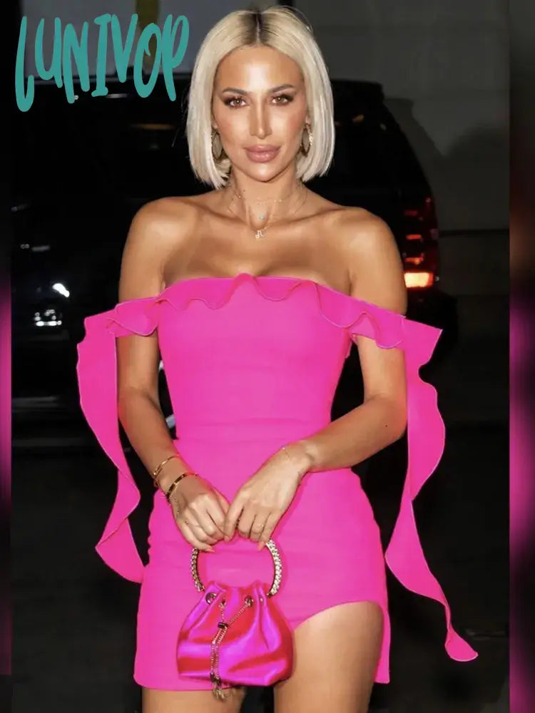Lunivop New Summer Fashion Women Sexy Off Shoulder Ruffles Hot Pink Mini Bandage Dress Elegant Evening Club Party Dress Tunics Vintage classic