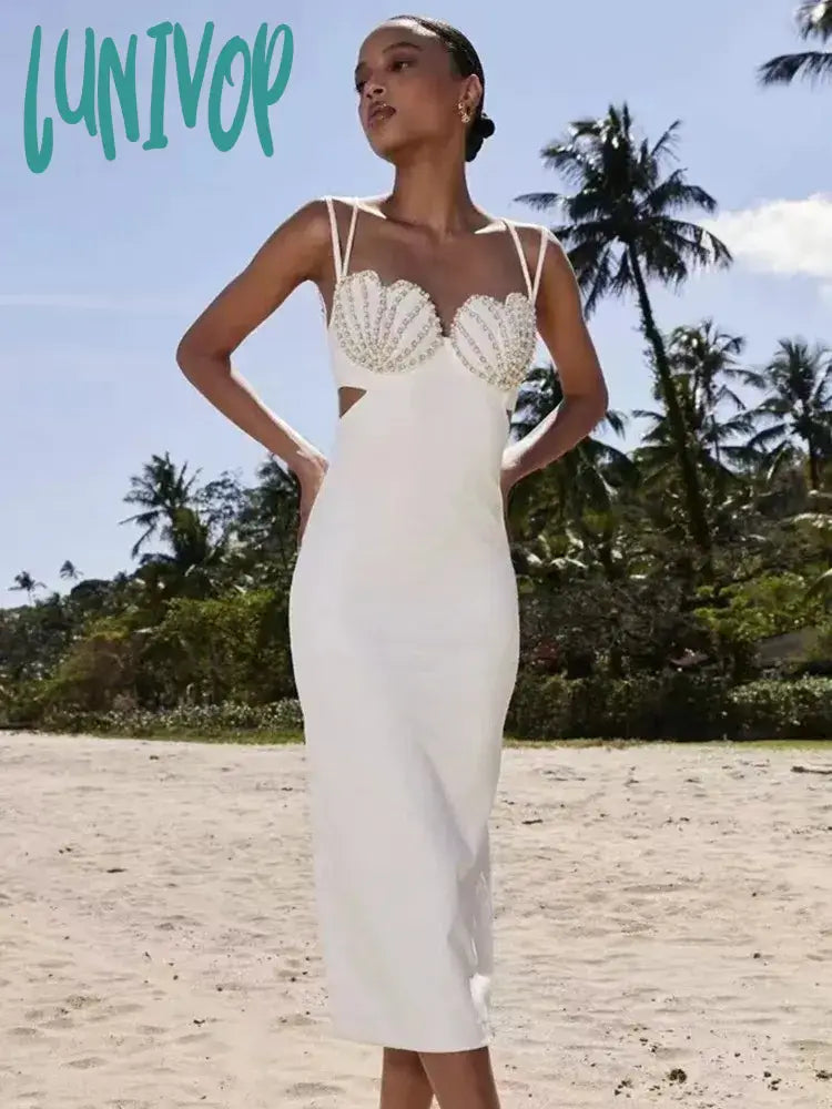 Lunivop New Summer Fashion Women Sexy V Neck Beading White Black Bodycon Midi Bandage Dress Elegant Evening Club Party Dress Tunics Cozy comfortable Lunivop New Summer Fashion Women Sexy V Neck Beading White Black Bodycon Midi Bandage Dress Elegant Evening Club Party Dress Tunics Cozy comfortable