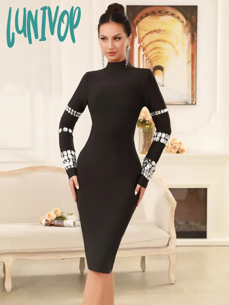 Lunivop New Women Celebrity Sexy Long Sleeve Diamonds Beading Black Mini Bandage Dress 2024 Knitted Elegant Evening Club Party Dress Tunics Chic elegant