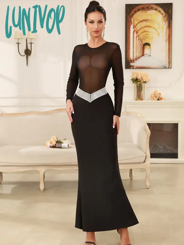 Lunivop New Women Celebrity Sexy Long Sleeve Turtleneck Mesh Black Maxi Long Bandage Dress 2024 Knitted Elegant Evening Club Party Dress Tunics Sale discount Lunivop New Women Celebrity Sexy Long Sleeve Turtleneck Mesh Black Maxi Long Bandage Dress 2024 Knitted Elegant Evening Club Party Dress Tunics Sale discount