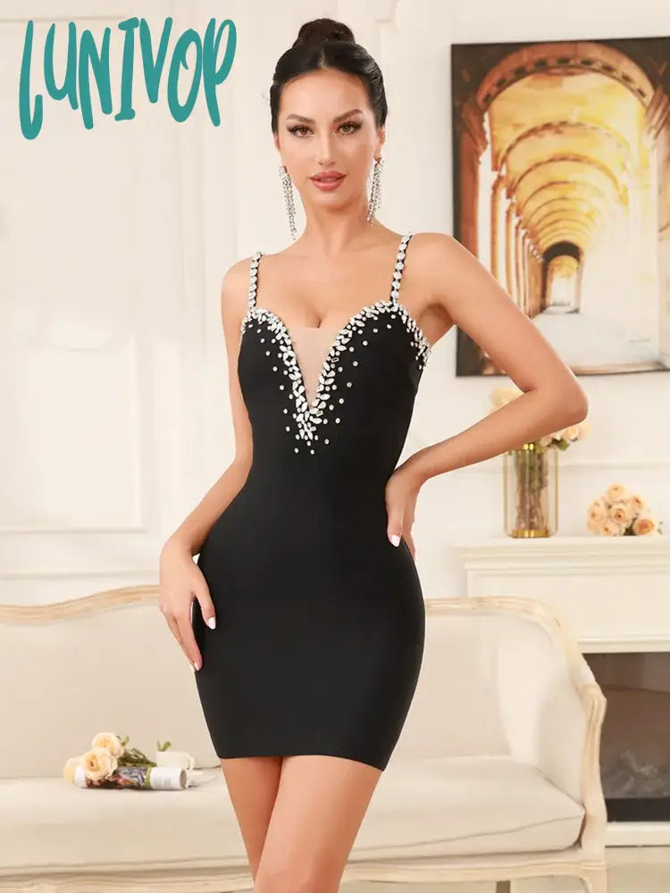 Lunivop New Women Celebrity Sexy V Neck Beading Backless Black Mini Bandage Dress 2024 Knitted Elegant Evening Club Party Dress Tunics Lace romantic Lunivop New Women Celebrity Sexy V Neck Beading Backless Black Mini Bandage Dress 2024 Knitted Elegant Evening Club Party Dress Tunics Lace romantic