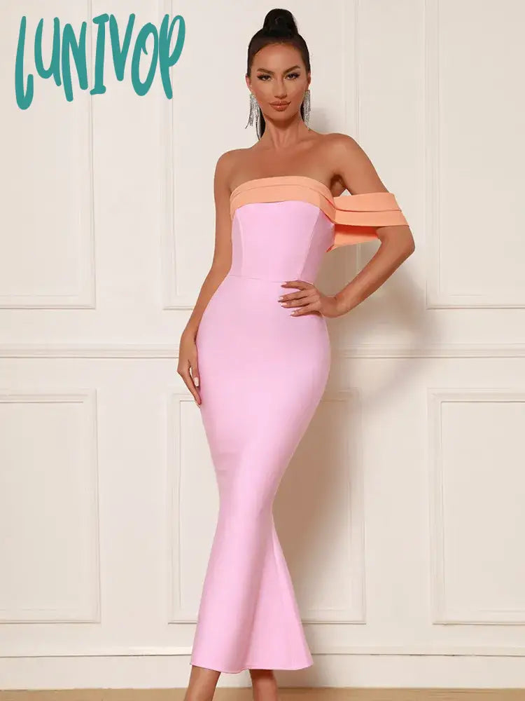 Lunivop New Women Summer Sexy Off Shoulder Patchwork Pink Mermaid Ankle Length Bandage Dress Elegant Evening Celebrity Party Dress Tunics Party sparkling Lunivop New Women Summer Sexy Off Shoulder Patchwork Pink Mermaid Ankle Length Bandage Dress Elegant Evening Celebrity Party Dress Tunics Party sparkling