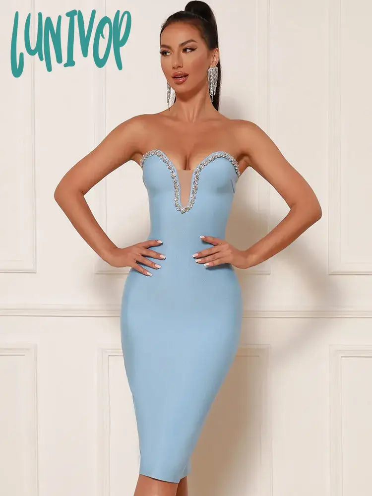 Lunivop New Women Summer Sexy Strapless Backless Beading Mesh Sky Blue Midi Bandage Dress Elegant Evening Celebrity Party Dress Tunics Silk luxurious Lunivop New Women Summer Sexy Strapless Backless Beading Mesh Sky Blue Midi Bandage Dress Elegant Evening Celebrity Party Dress Tunics Silk luxurious